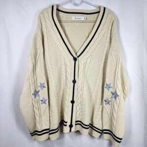 Deep V Cream Cable Knit Cardigan Sweater XL Embroidered Blue Star Patches Twee